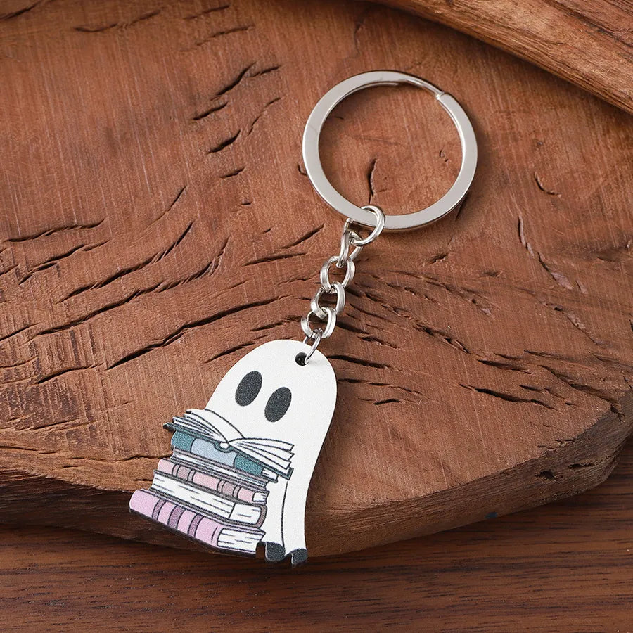 Wooden Halloween Ghost Keychain Pendants Cartoon Style Book Theme Hanging Ornaments Gifts For Party Decorations
