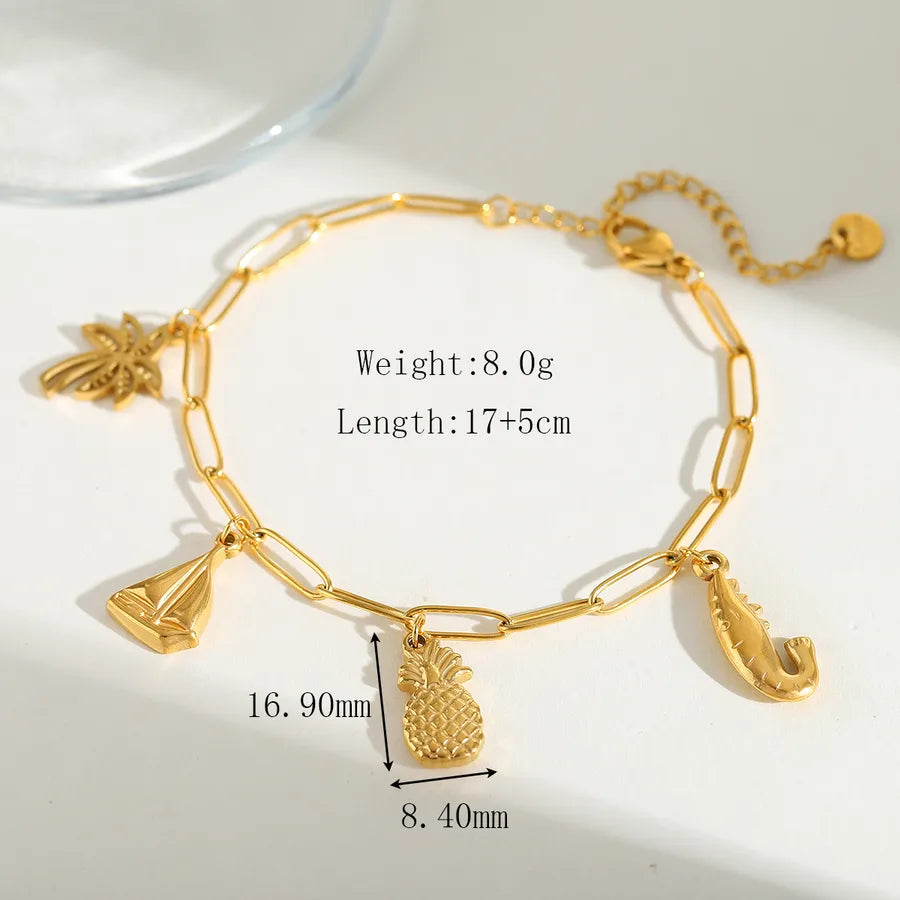 Cute Sweet Ship Shell Fish 304 Stainless Steel 18K Gold Plated Zircon Paperclip Chain Multi Charms Bracelet In Bulk