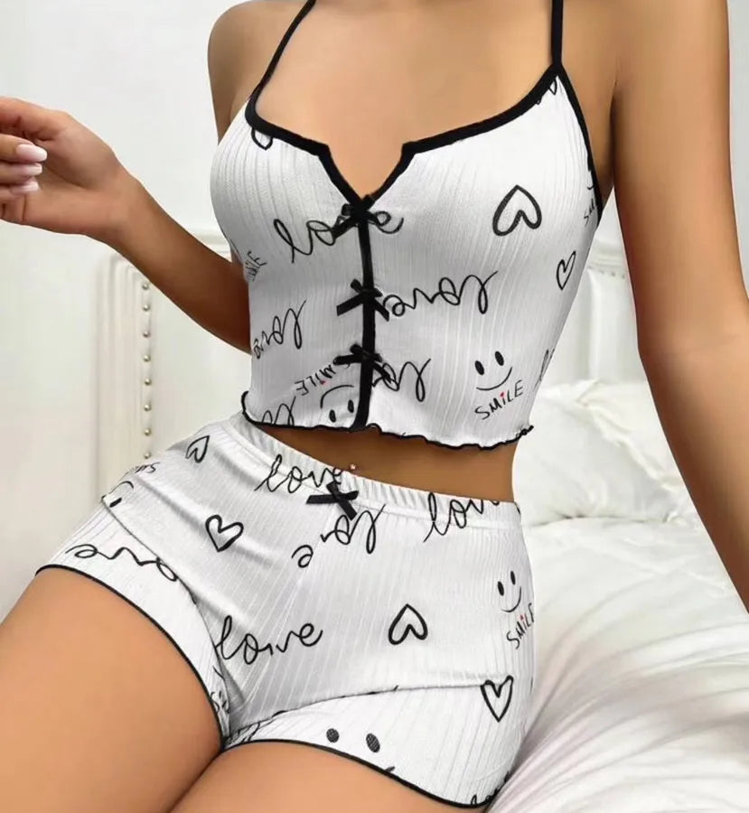 Home Daily Women's Casual Heart Shape Spandex Polyester Printing Bowknot Pants Sets Pajama Sets