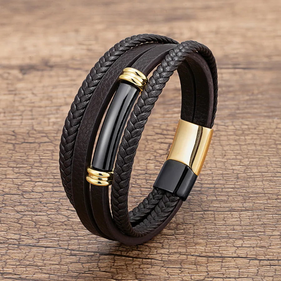 hip-hop geometric pu leather metal layered men's bracelets