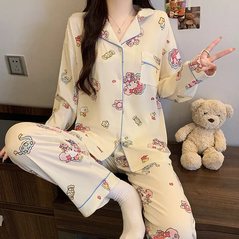 Purple Heart Sweet Style Women's Sleepwear Long Sleeve Home Clothes Spring Autumn High Sensation Dormitory Outdoor Wear Set