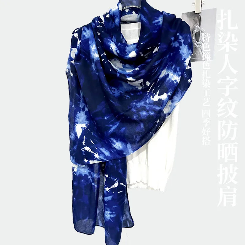 Tourism Holiday Style Herringbone Tie-dyed Silk Scarf Women's Artistic All-match Mid-length Sunscreen Silk Scarf Beach Scarf Tide