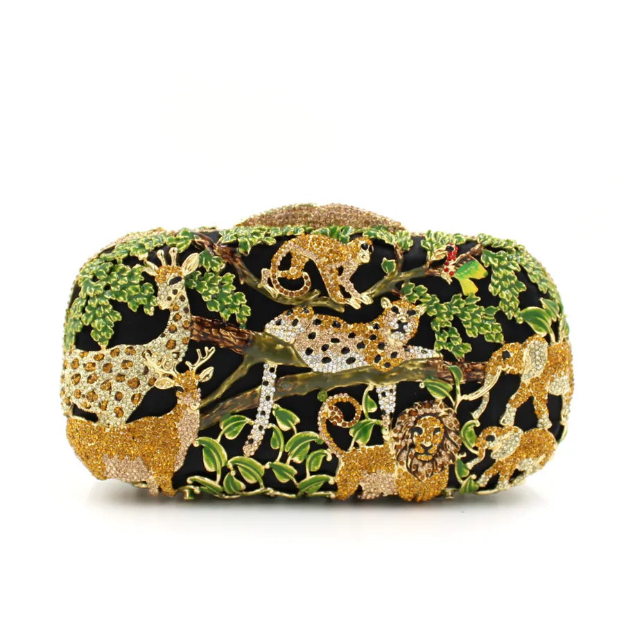 Black&Green Gold Rhinestone Metal Animal Hollow Square Evening Bags