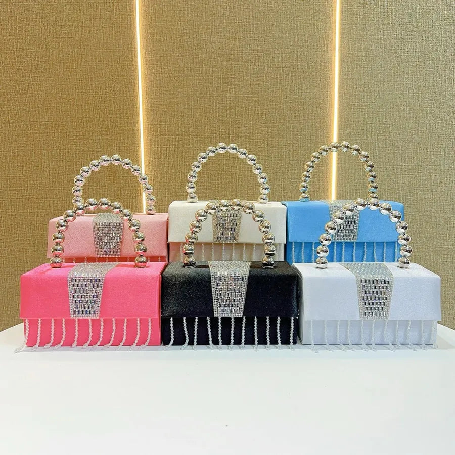 New Pearl Box Shiny Sequin Small Square Bag Evening Party Handbag Crossbody Shoulder Bag Glittering Tassel Silk Square Bag