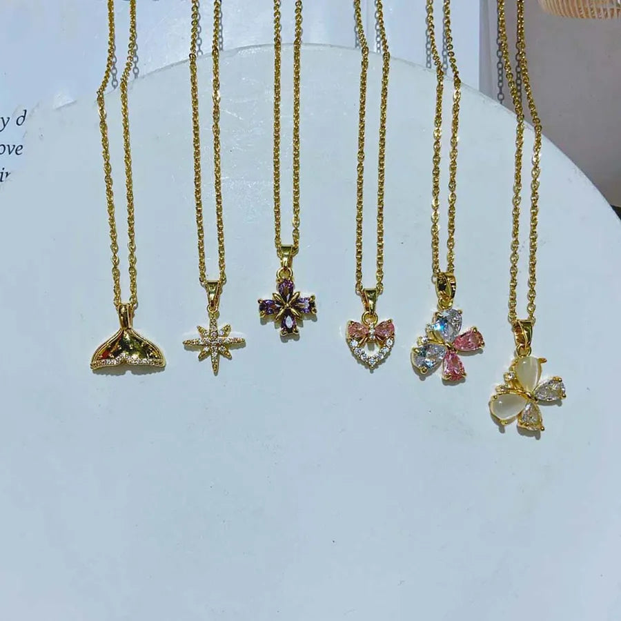 Wholesale Jewelry Elegant Romantic Commute Eight awn star Butterfly Fish Tail 304 Stainless Steel Copper Chalcedony Zircon 18K Gold Plated Plating Inlay cable chain Pendant Necklace