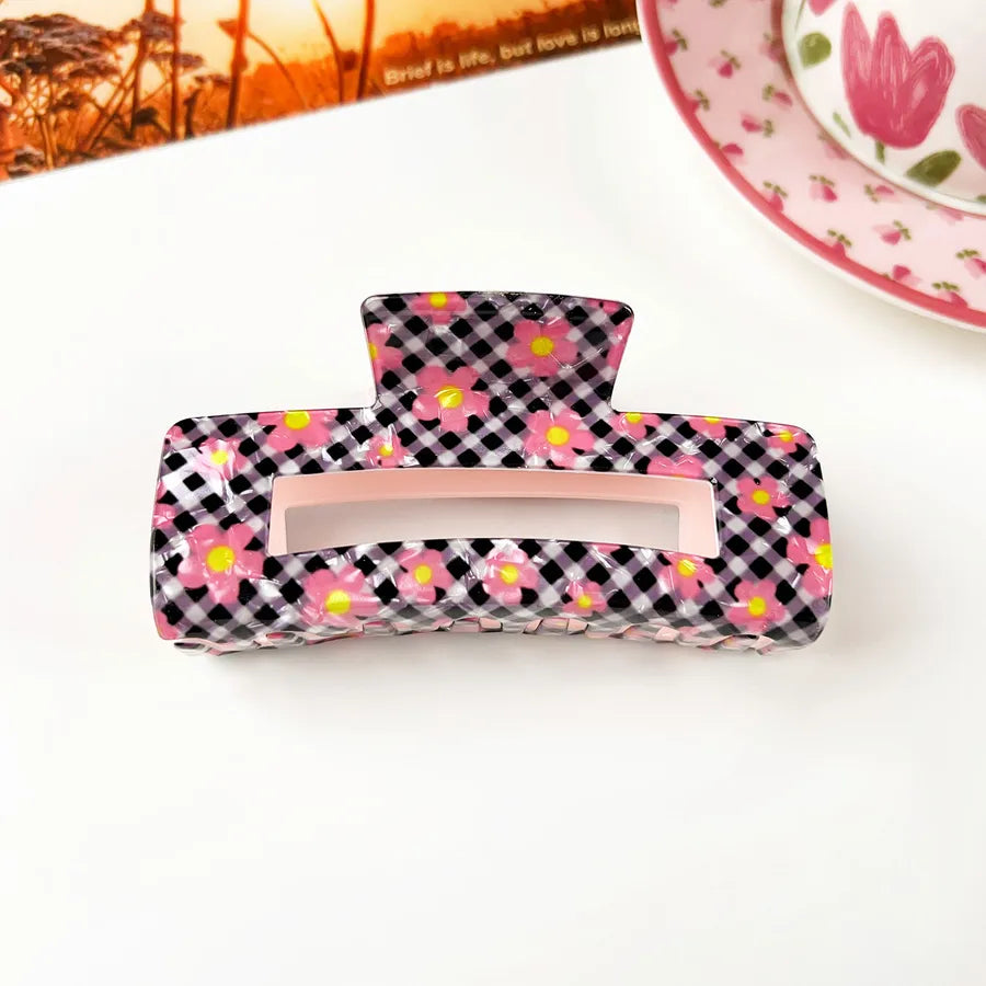Retro PVC Floral Print Hair Claw New Elegance High-End Feeling Bun Shark Clip Small Flower Hair Clip Hair Accessories