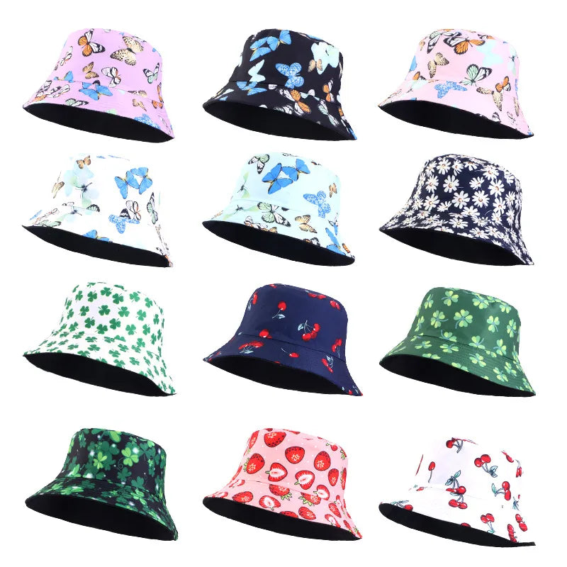 Double-Sided Wear Fisherman Hat Outdoor Travel Sunshade Cap Printed Bucket Hat Flat Top Hat Casual Elegant Women Style Summer Hat