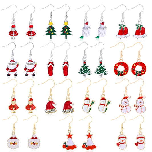 Fashionable Minimalist Christmas Series Earrings Women's Bell Drop Oil Flower Ring Snowman Christmas Tree Santa Claus Ear Jewelry