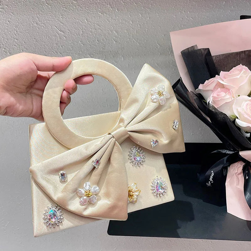 Women's Small Silk Flower Bow Knot Streetwear Square Magnetic Buckle Shoulder Bag Handbag