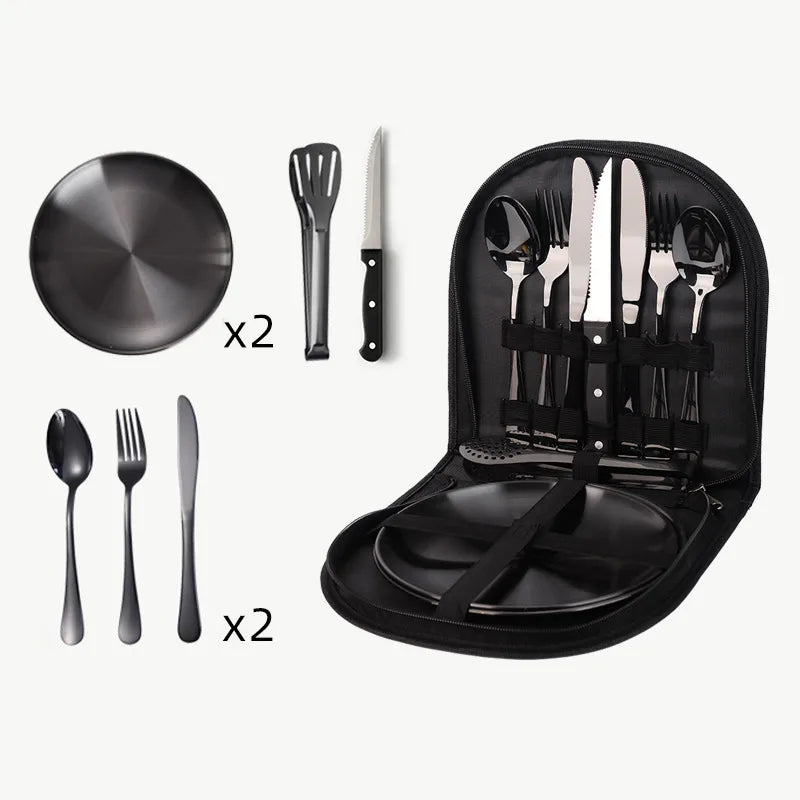 Outdoor travel stainless steel tableware camping picnic barbecue plate clip steak knife, fork and spoon suit portable storage bag