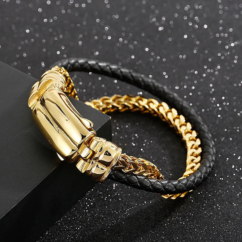 punk geometric pu leather titanium steel men's bangle