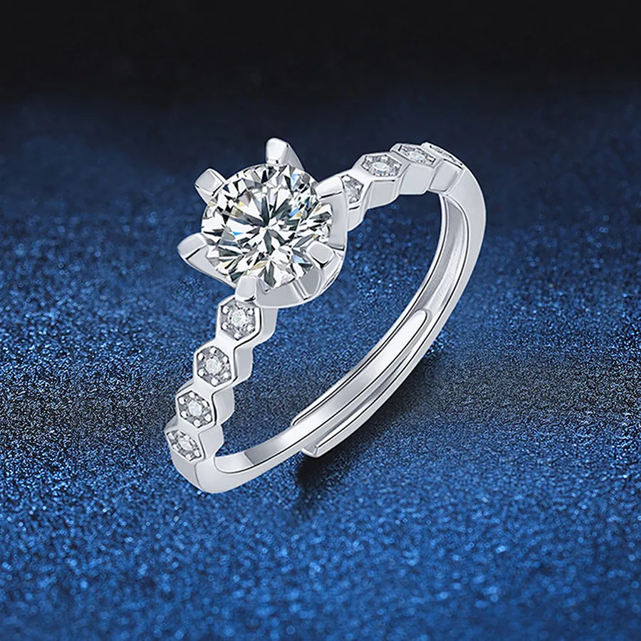 1.0ct Moissanite 925 Sterling Silver Rings GRA Certificate Round Brilliant Cut Geometric White Gold Plated Rings