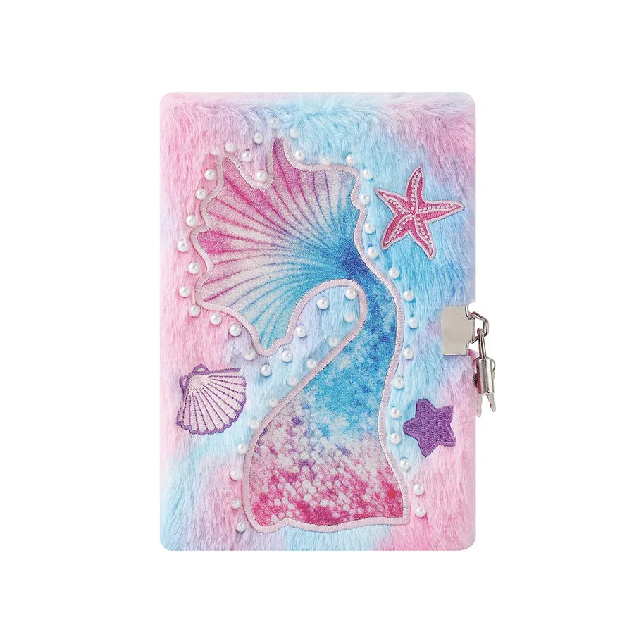 A5 Size Lockable Mermaid Tail Plush Notebook Cartoon Hard Cover Writing Diary For Students Children Gifts
