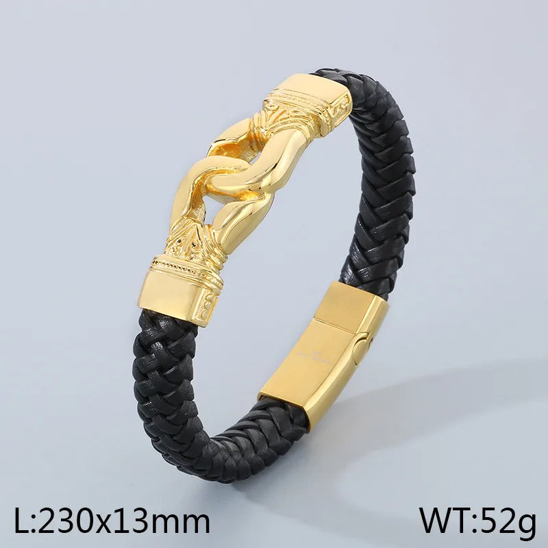 Business Simple Style Totem 304 Stainless Steel Leather 18K Gold Plated Men's Bangle