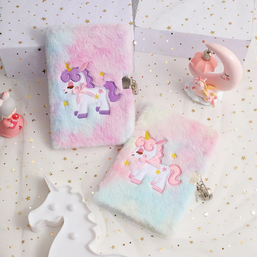Cute  A5 Cartoon Plush Notebook With Lock For Students Writing Diary Book Lovely Girl Colorful Tied Dye Soft Toy Journal