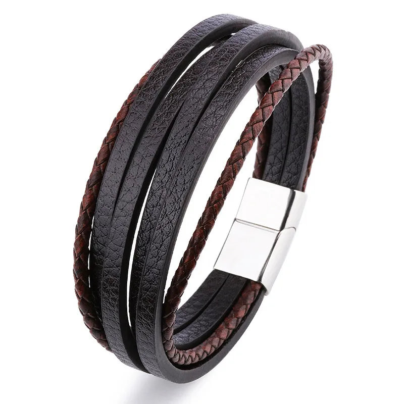 Retro Simple Style Solid Color Pu Leather Alloy Magnetic Buckle Layered Plating Men's Bracelets Men Cord & Leather Bracelets