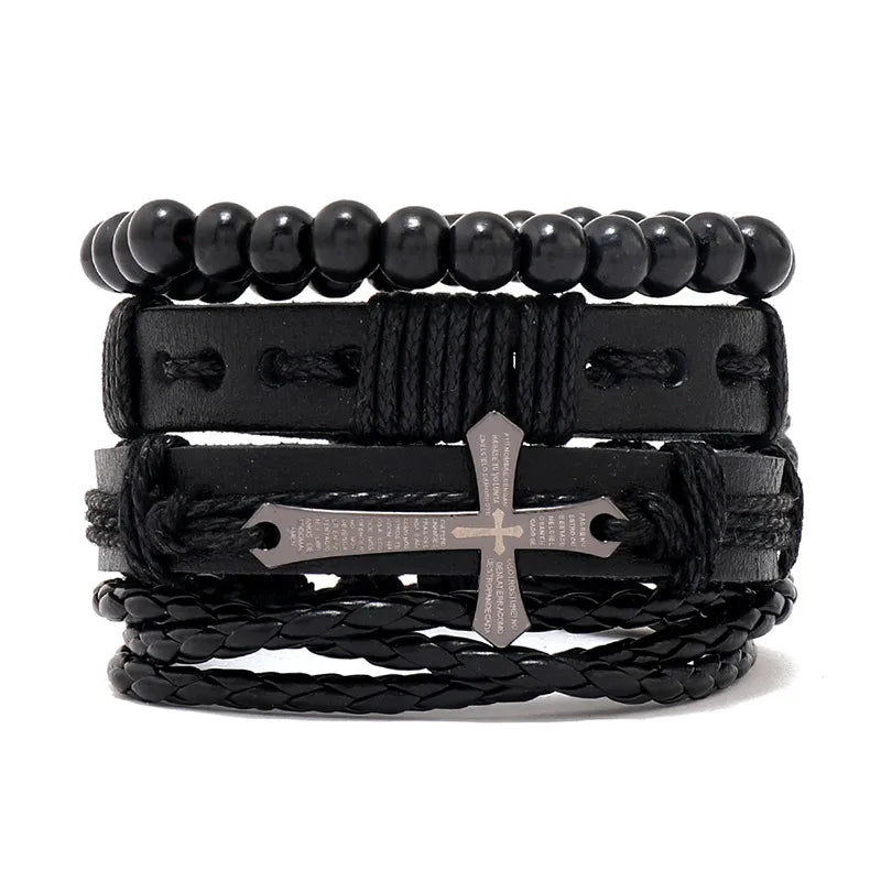 fashion cross letter pu leather beaded unisex bracelets 4 pieces