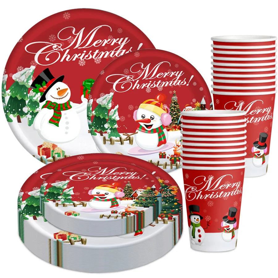 Christmas Theme Party Decoration Snowman Customized Paper Cups Plates Knives Forks Spoon Props Festive Cartoon Style