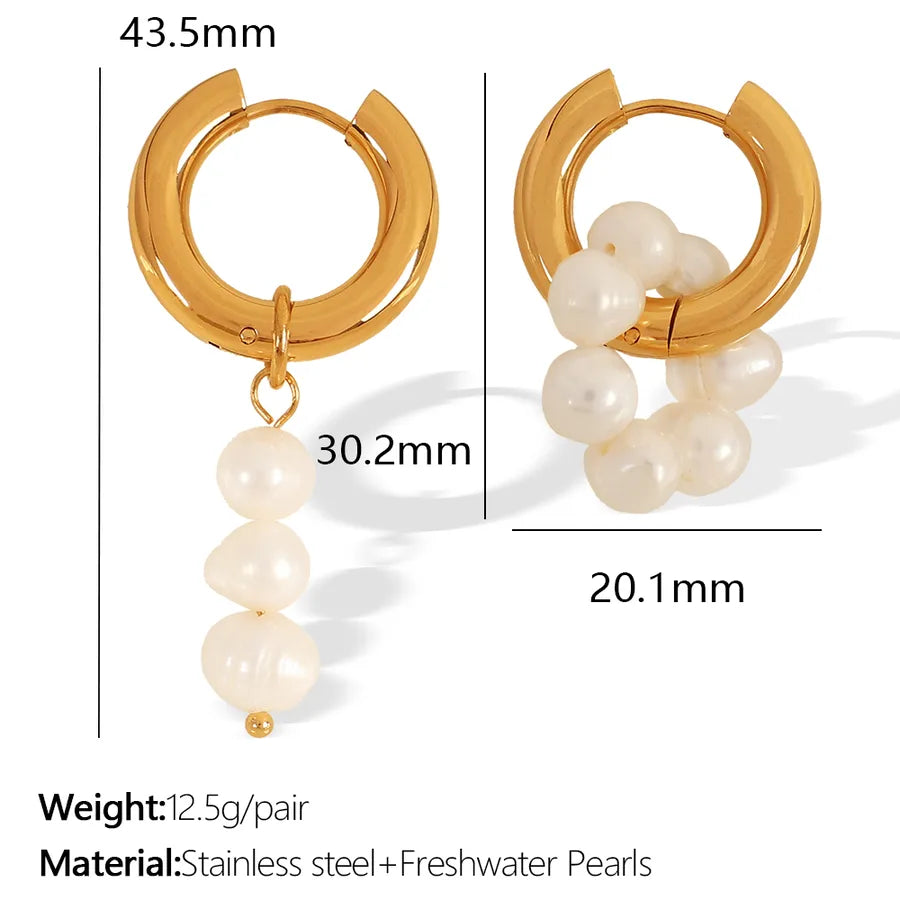 Vintage Style IG Style Geometric 304 Stainless Steel Polishing Inlay Freshwater Pearl Drop Earrings 1 Pair