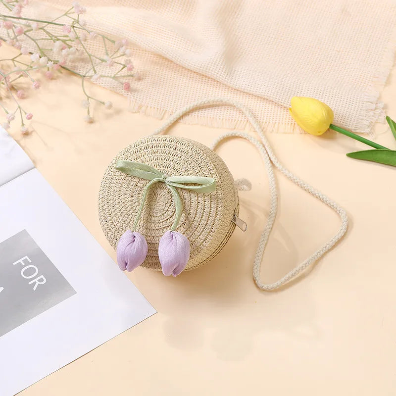 Summer Beach Seaside Tulip Straw Woven Bag  New Children Flower Straw Bag Mobile Phone Crossbody Bag