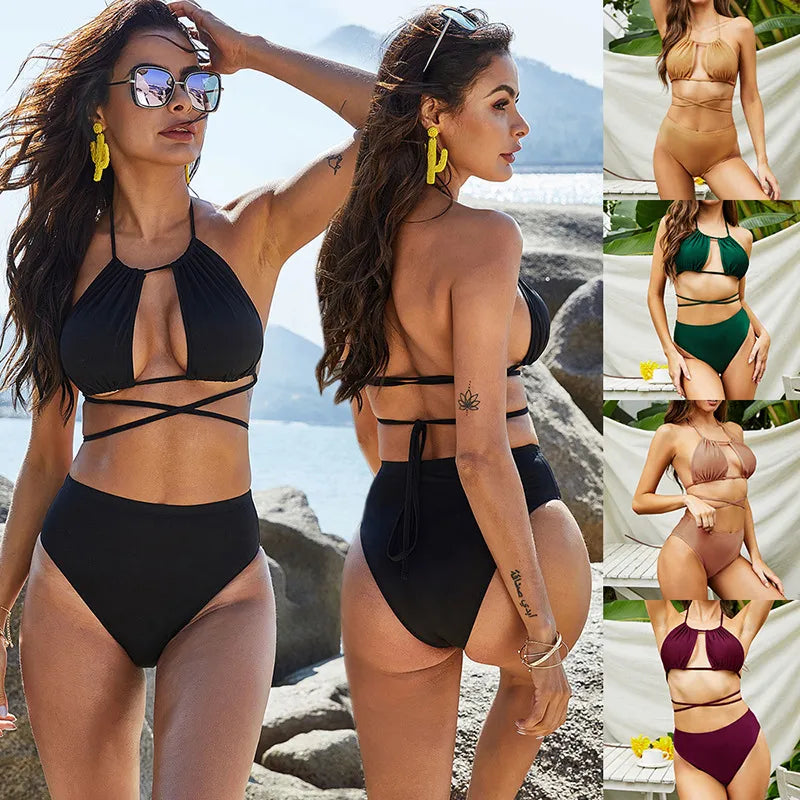 women's solid color 2 piece set bikinis