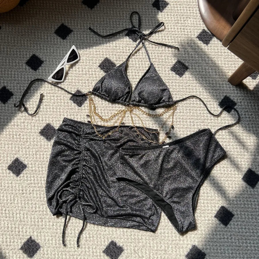 Women's Sexy Solid Color 3 Pieces Set Bikinis Swimwear