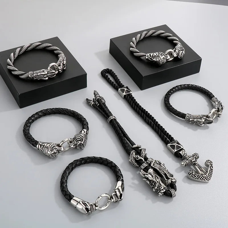 Hip-Hop Retro Anchor Skull 304 Stainless Steel Leather rope Halloween Men's Bracelets
