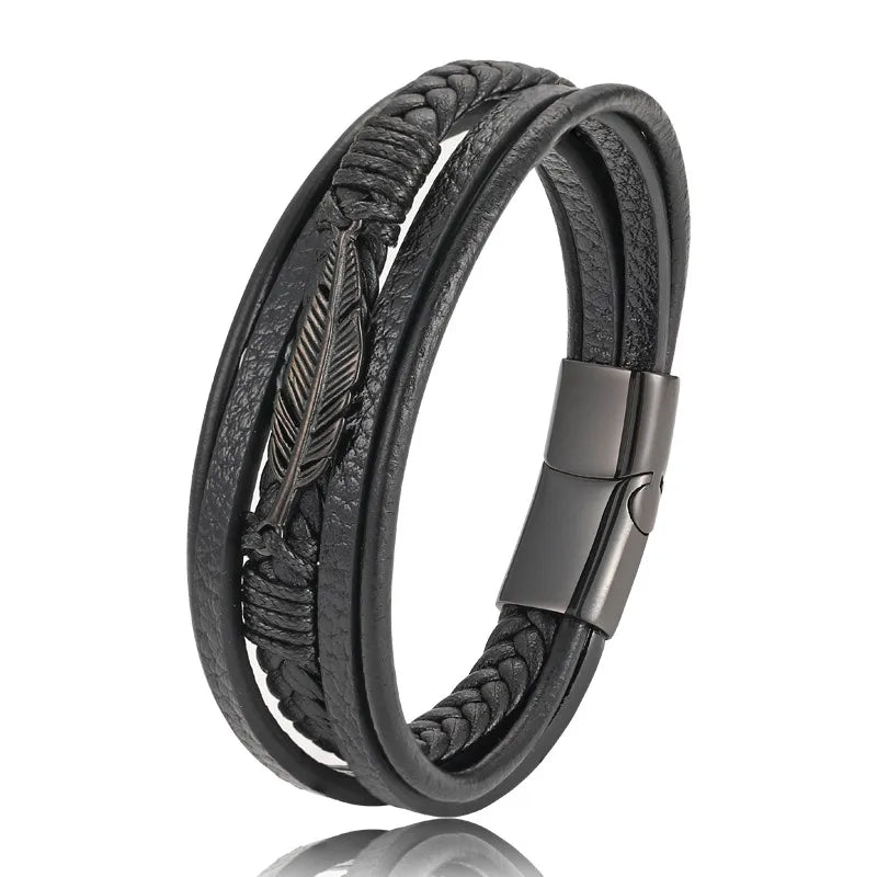 Vintage Style Classic Style Geometric Pu Leather Titanium Steel Woven Chain Wrap Bracelets Wholesale