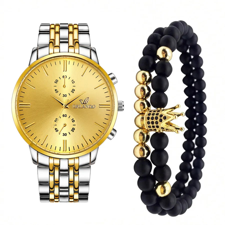 Crown Double Side Snaps Quartz Men's Watches & Bracelet Set
