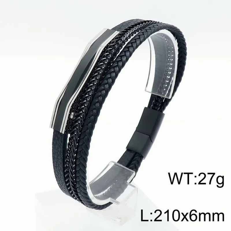 Simple Style Commute Color Block Pu Leather Titanium Steel Patchwork Plating 18K Gold Plated Men's Bracelets