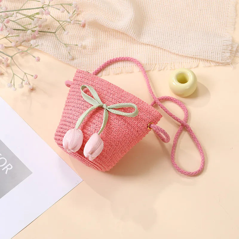 Summer Beach Seaside Tulip Straw Woven Bag  New Children Flower Straw Bag Mobile Phone Crossbody Bag
