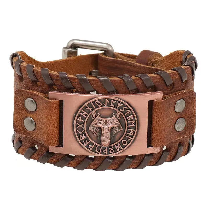 Direct Sales Vintage Weave Leather Bracelet Punk Wolf Head Totem Bracelet Viking Wide Leather Bracelet