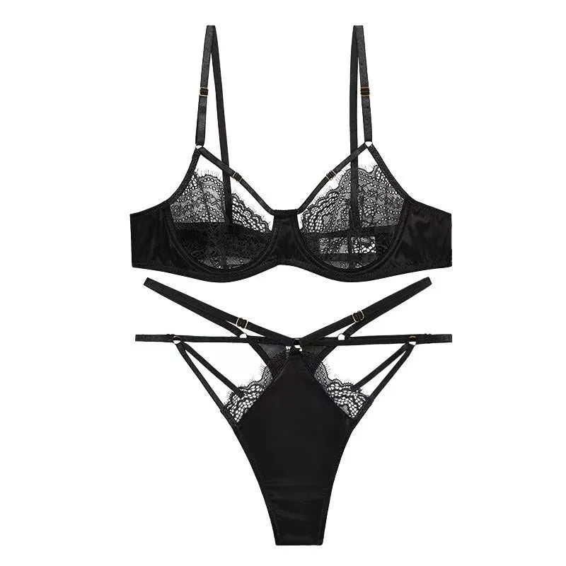 sexy underwear women's thin lace big chest small bra suit with steel ring gathered half Cup