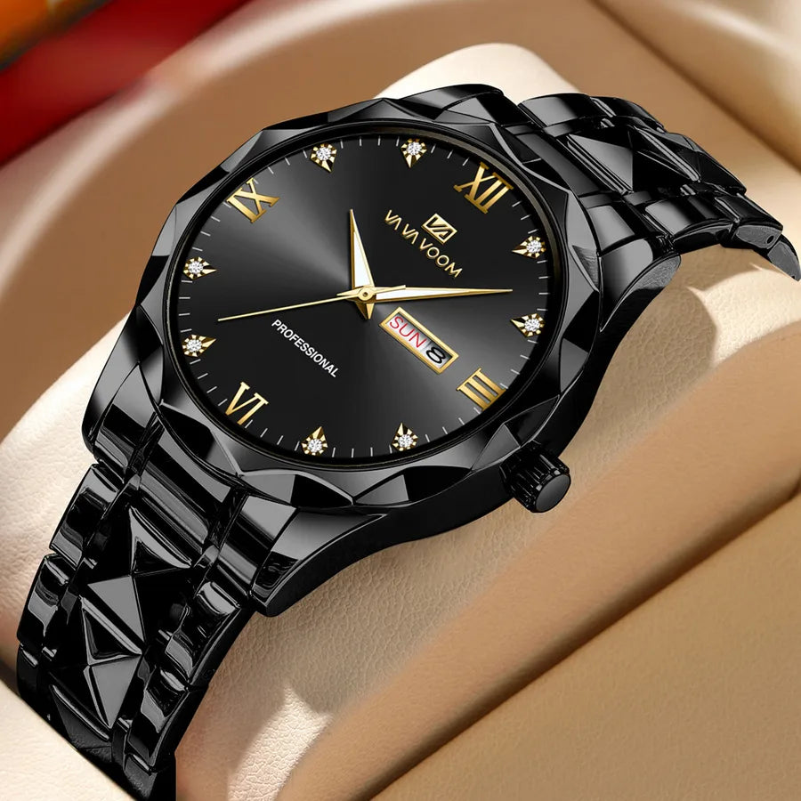 A generation of waterproof fine steel band men's watch new quartz watch calendar business room gold watch men