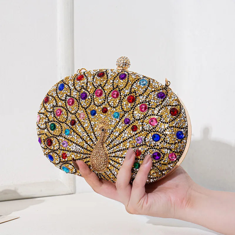 Rhinestone Metal Peacock Oval Evening Bags
