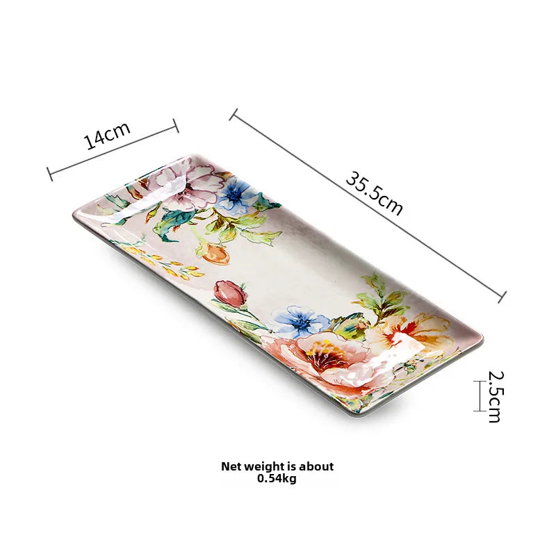 Guest French Dinner Plate Underglaze Color Flat Plate Dim Sum Tray Rectangular Plate Fish Plate Large Soup Plate Household Deep Plate