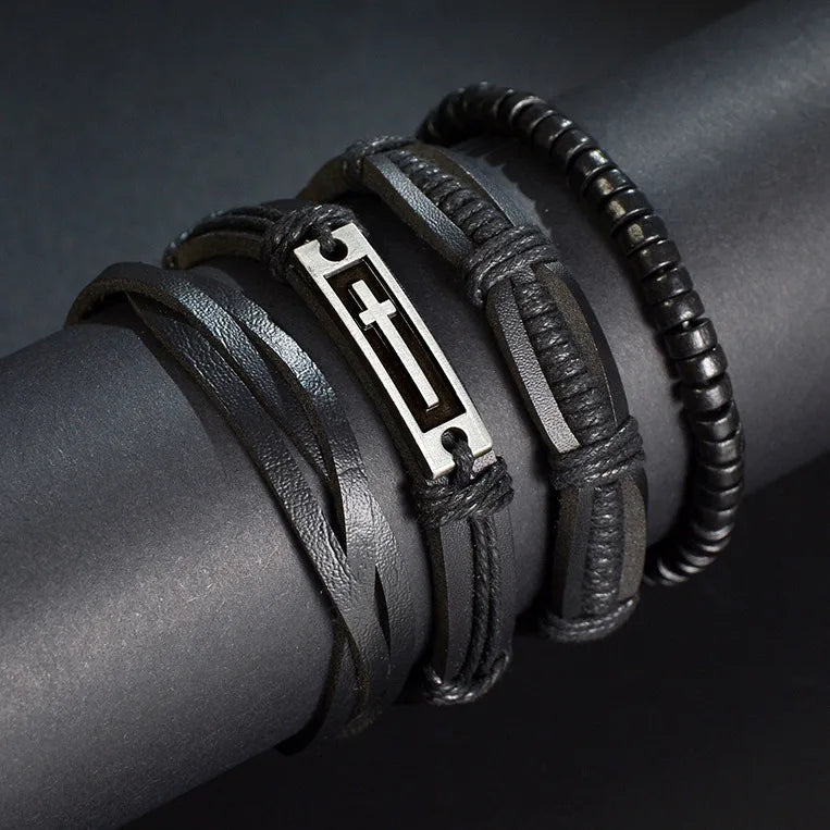 retro geometric pu leather knitting unisex bracelets