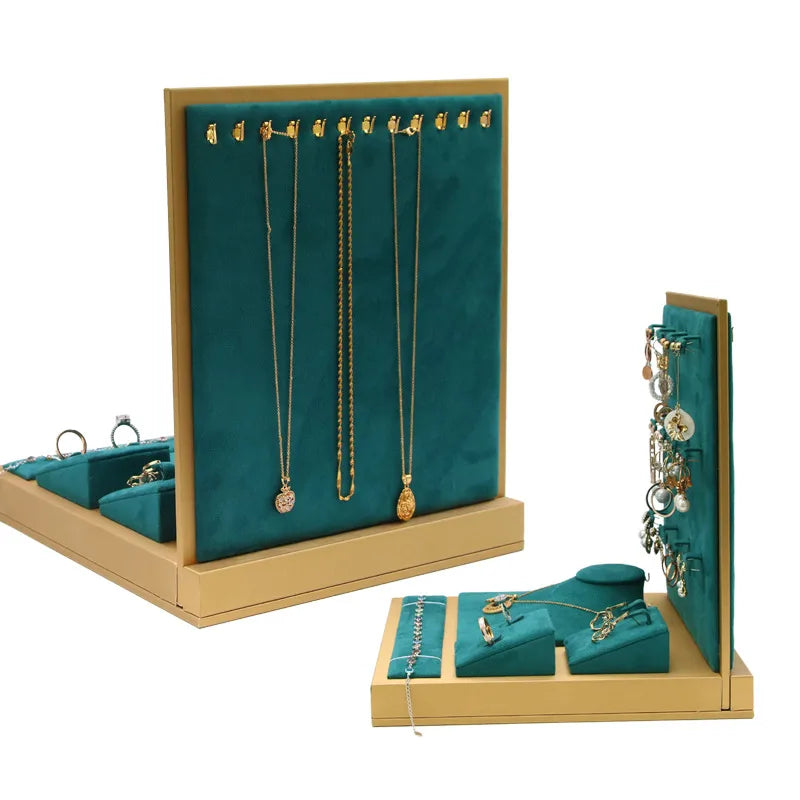 Retro European Style Jewelry Display Stand Set Green Super Suede Double-Sided Necklace Earring Bracelet Holder Velvet Stand
