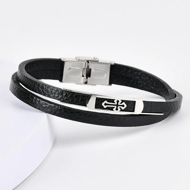 Retro Punk Geometric 201 Stainless Steel Pu Leather Men's wristband Men Cord & Leather Bracelets