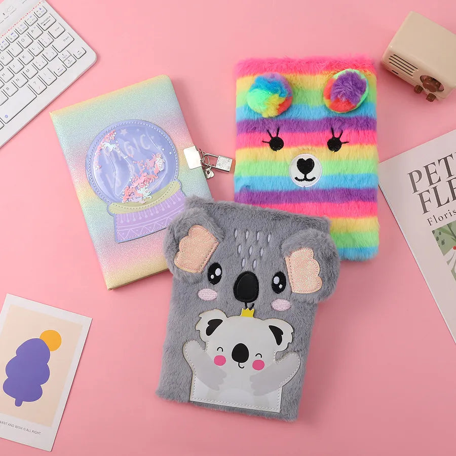 Cute Bear Plush Notebook With Lock Creative Children's Diary Book Colorful Wooden Pulp Material Animal Shaped Stationery