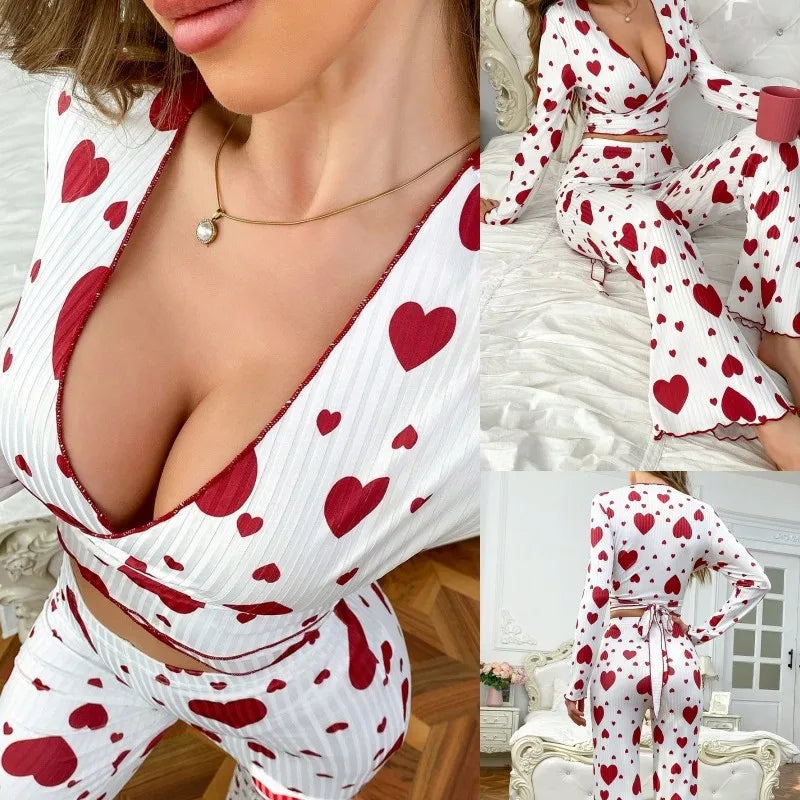 New European Style Home Clothes Set Women's Long Sleeve V-Neck Heart Print Two-Piece Suit Sweet Pure Desire Sleepwear