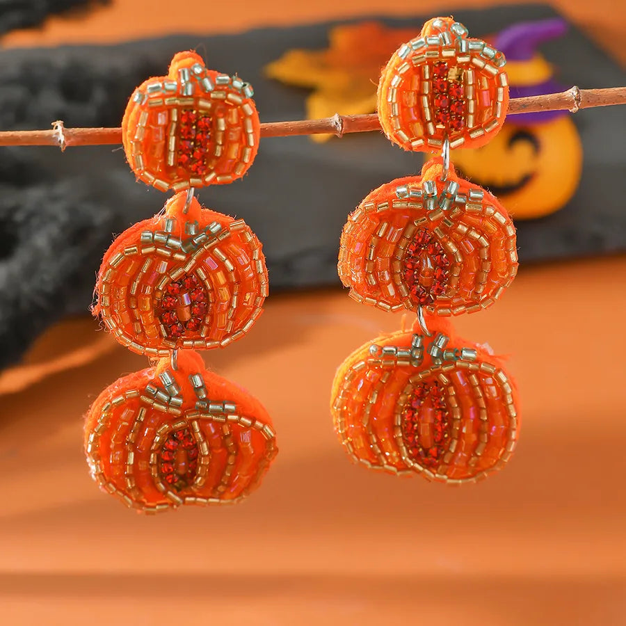 New Halloween Pumpkin Ear Cuff Quirky Individualistic Rice Bead Dangle Earrings Exaggerated Design Sense Fashion Jewelry