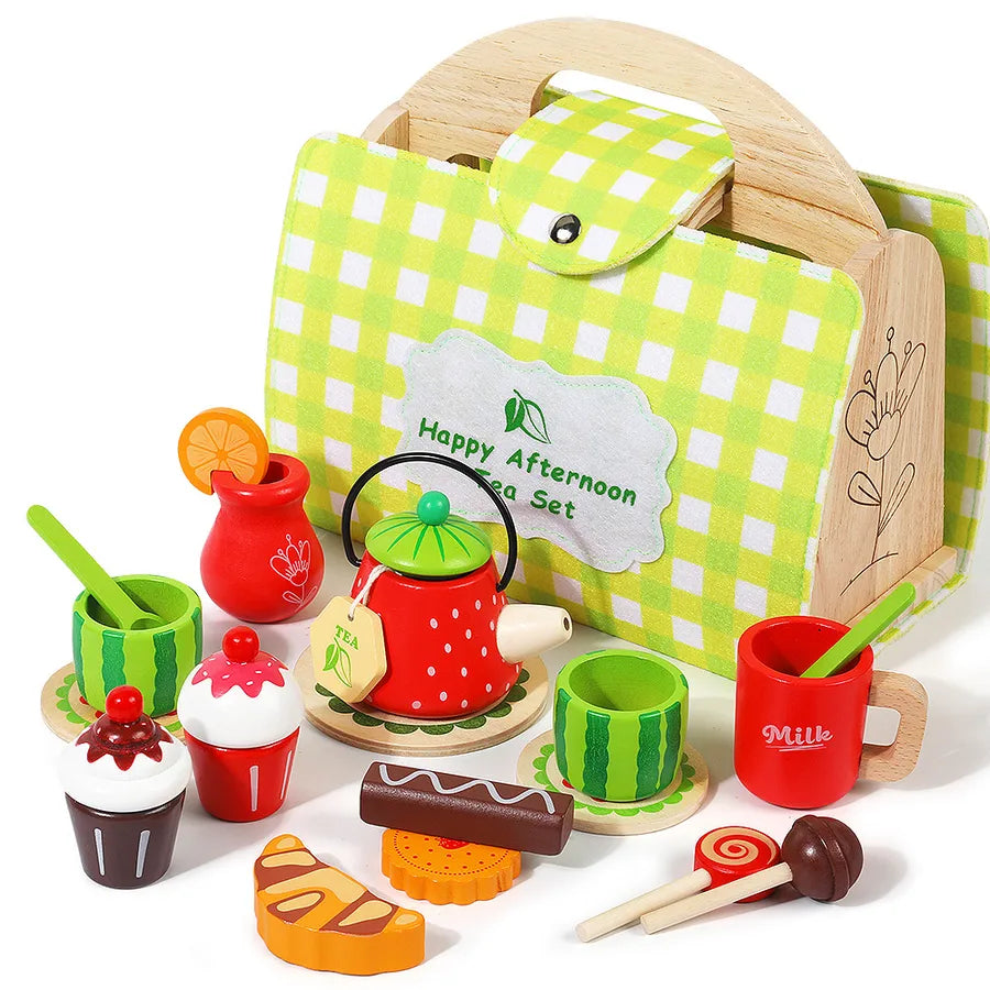 Children's Wooden Afternoon Tea Ice Cream Dessert Simulation Tea Set Handheld Box Baby House Role Play Educational Toys