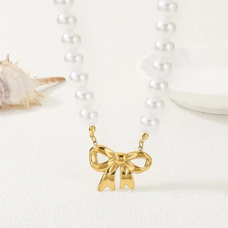 Wholesale Jewelry IG Style Retro New Style Starfish Conch Heart Shape 304 Stainless Steel 18K Gold Plated Beaded Chain Necklace