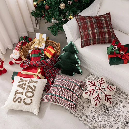 Christmas Decorative Throw Pillow Covers Red Flocking Sofa Living Room Couch Cushion Covers For Christmas Tree Decoration
