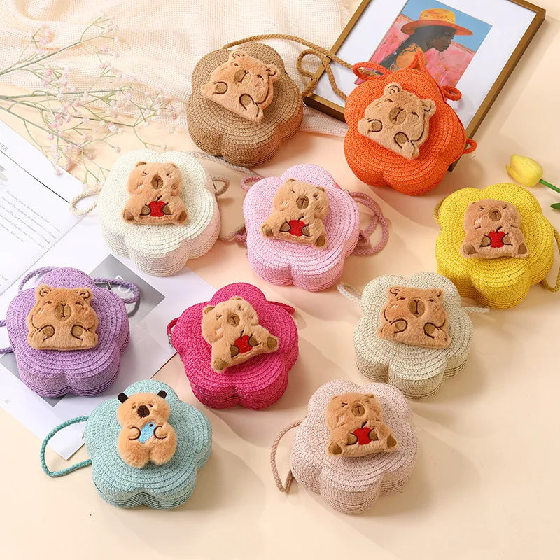 Summer Woven Bag  New Children's Cute Capibala Seaside Vacation Straw Woven Bag Crossbody Coin Purse
