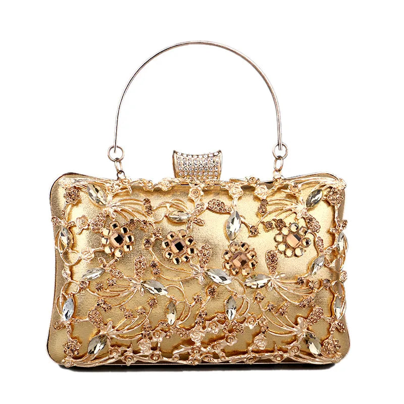 black gold silver pu leather flower rhinestone square clutch evening bag