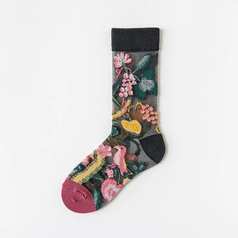 women's japanese style flower nylon crew socks a pair