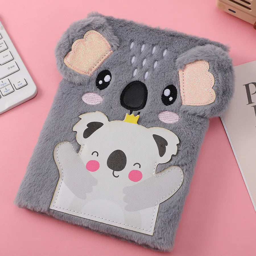 Cute Bear Plush Notebook With Lock Creative Children's Diary Book Colorful Wooden Pulp Material Animal Shaped Stationery