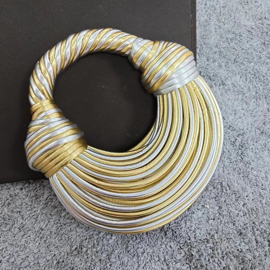 Women's Small Pu Leather Stripe Elegant Vacation Dumpling Shape Zipper Straw Bag